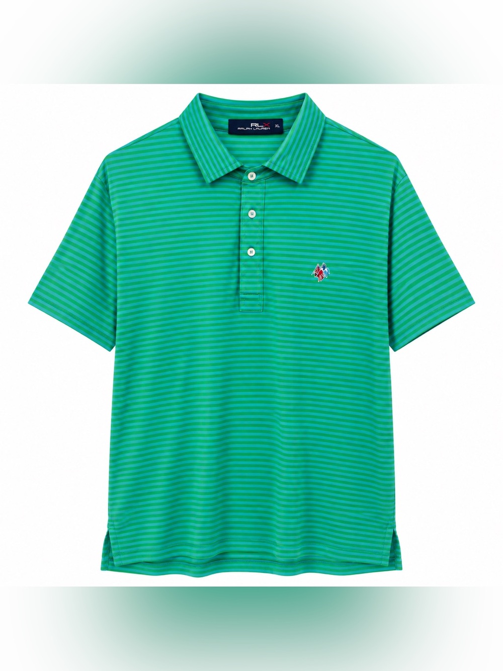 RLX Ralph Lauren Men’s XL Golf Polo Green Blue Stripe Union Jack Crossed Flags